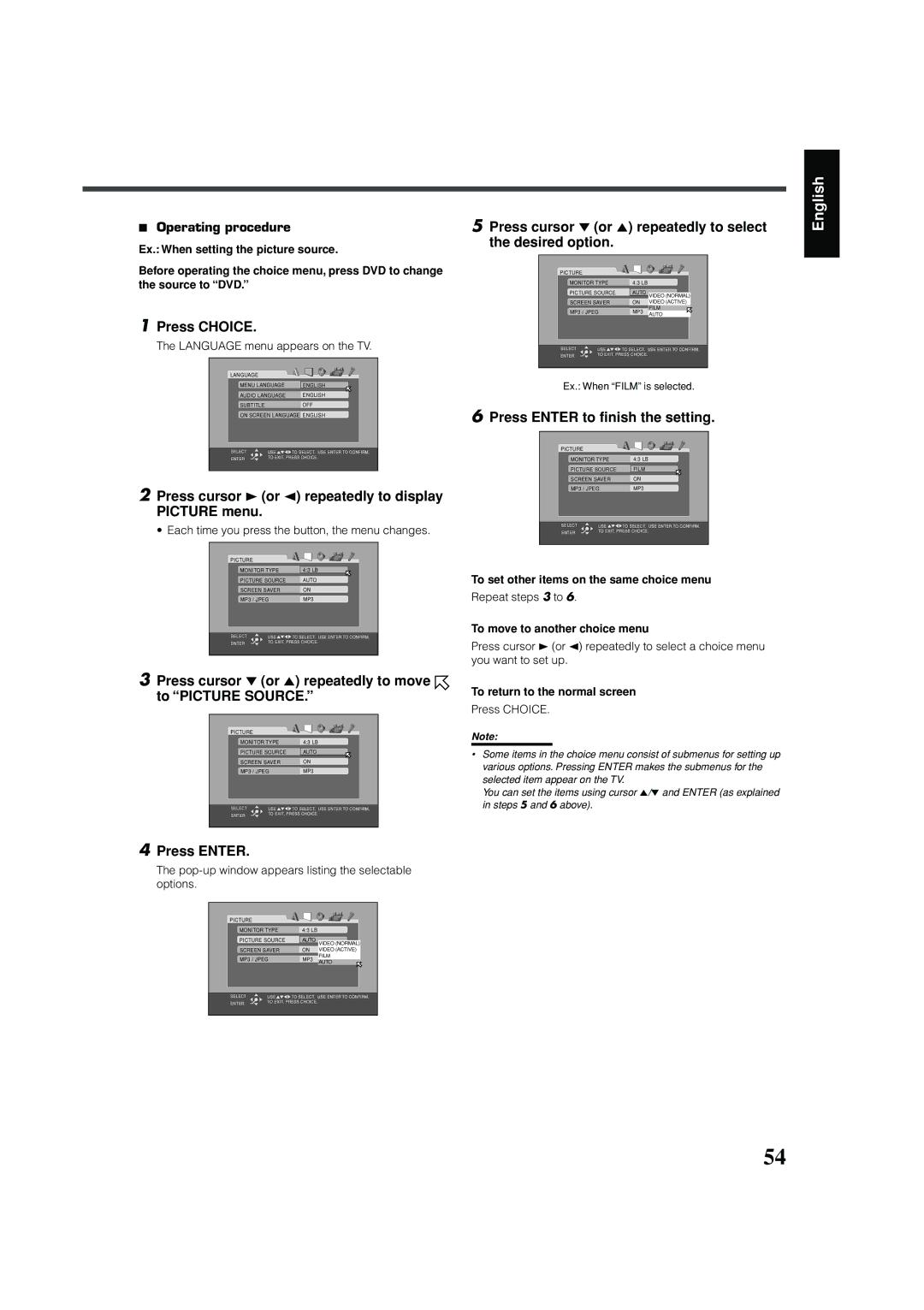 JVC RX-DV31 manual Press Choice, Press cursor 3 or 2 repeatedly to display Picture menu, Press Enter to finish the setting 