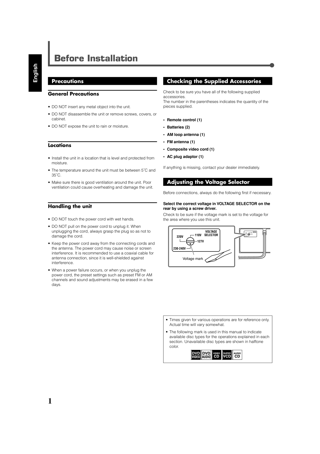 JVC RX-DV31 Precautions Checking the Supplied Accessories, Adjusting the Voltage Selector, General Precautions, Locations 