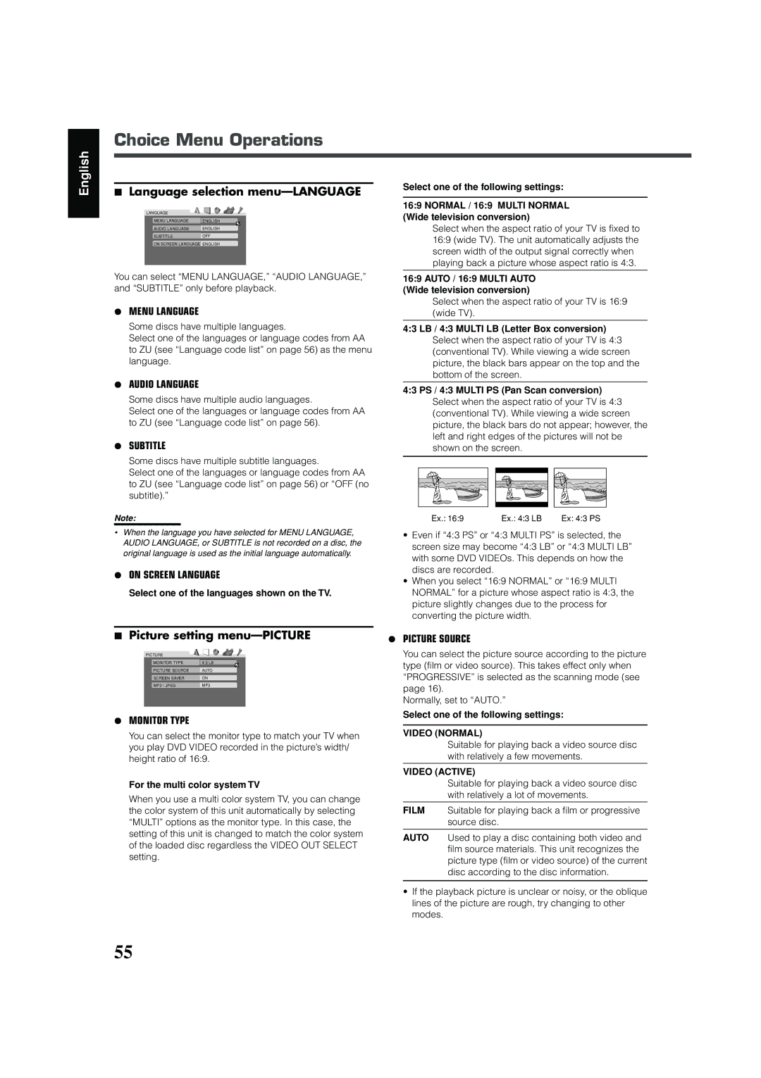 JVC RX-DV31 manual Choice Menu Operations, Language selection menu-LANGUAGE, Picture setting menu-PICTURE, Video Normal 