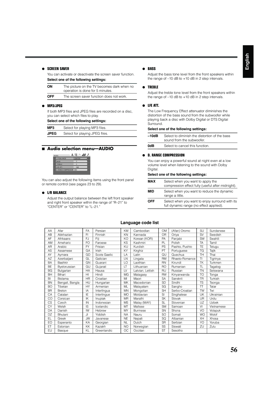 JVC RX-DV31 manual Audio selection menu-AUDIO, Language code list, You can activate or deactivate the screen saver function 