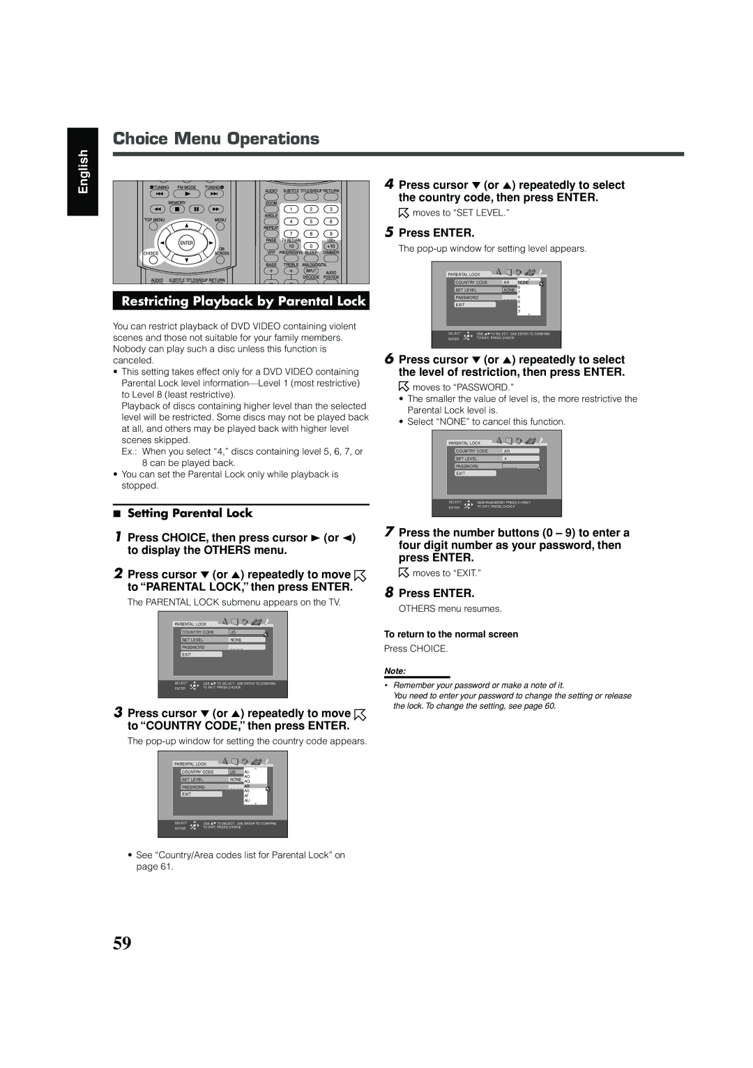 JVC RX-DV31 Parental Lock submenu appears on the TV, Pop-up window for setting the country code appears, Moves to Exit 