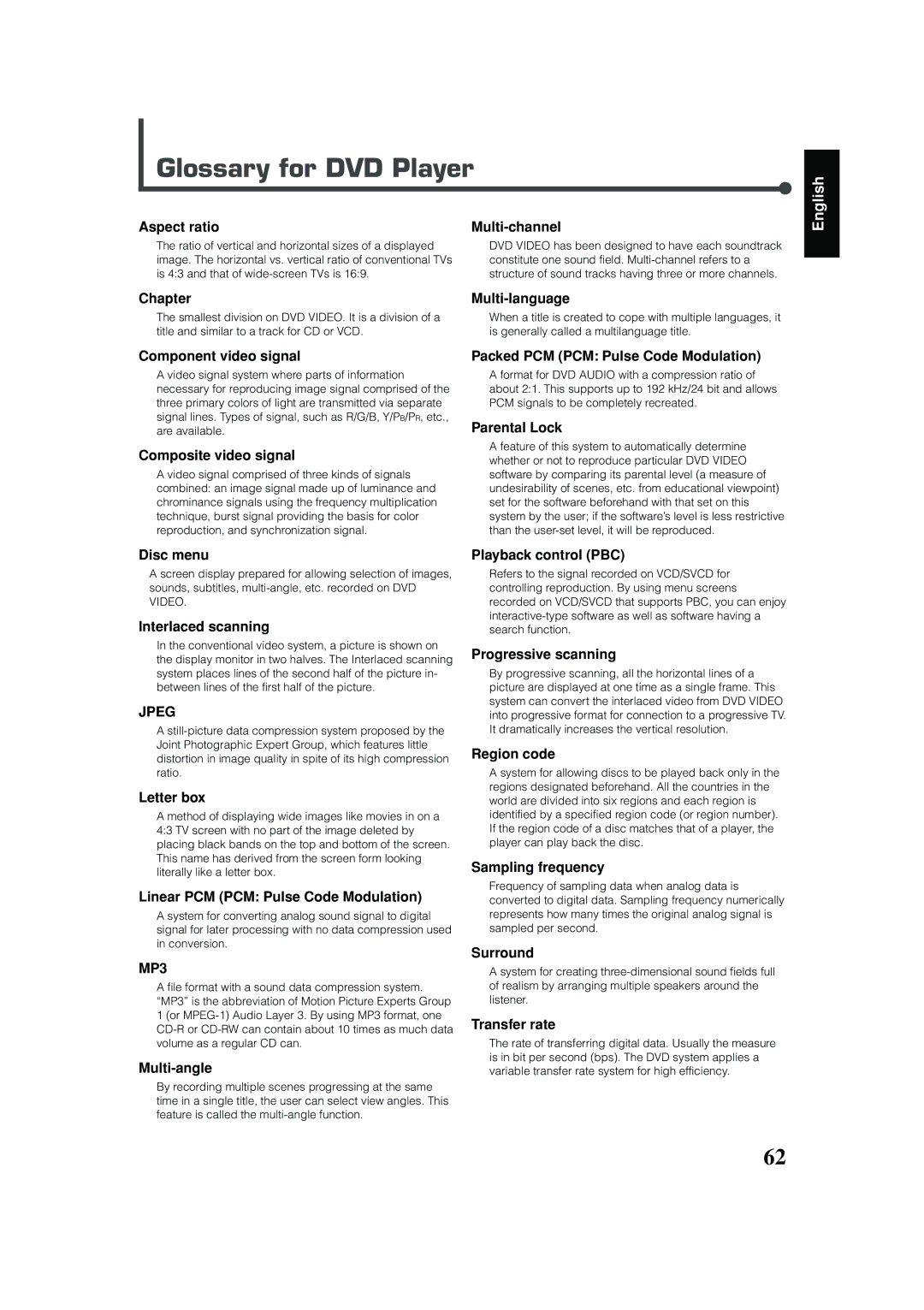 JVC RX-DV31 manual Glossary for DVD Player 