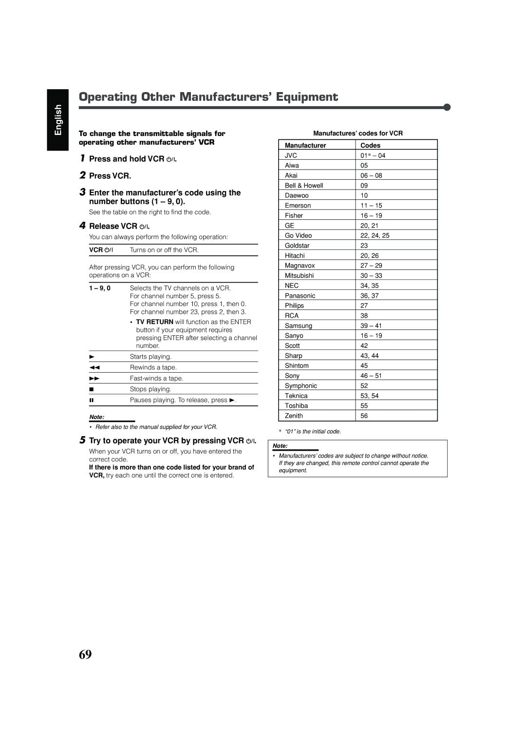 JVC RX-DV31 manual Operating Other Manufacturers’ Equipment, Release VCR, Try to operate your VCR by pressing VCR 