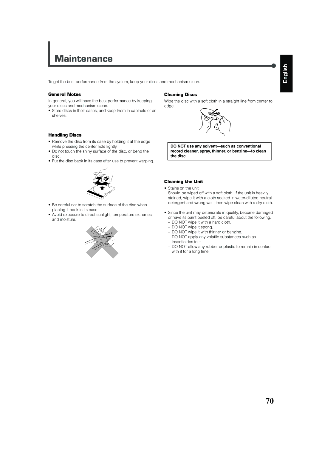 JVC RX-DV31 manual Maintenance, General Notes Cleaning Discs, Handling Discs, Cleaning the Unit 