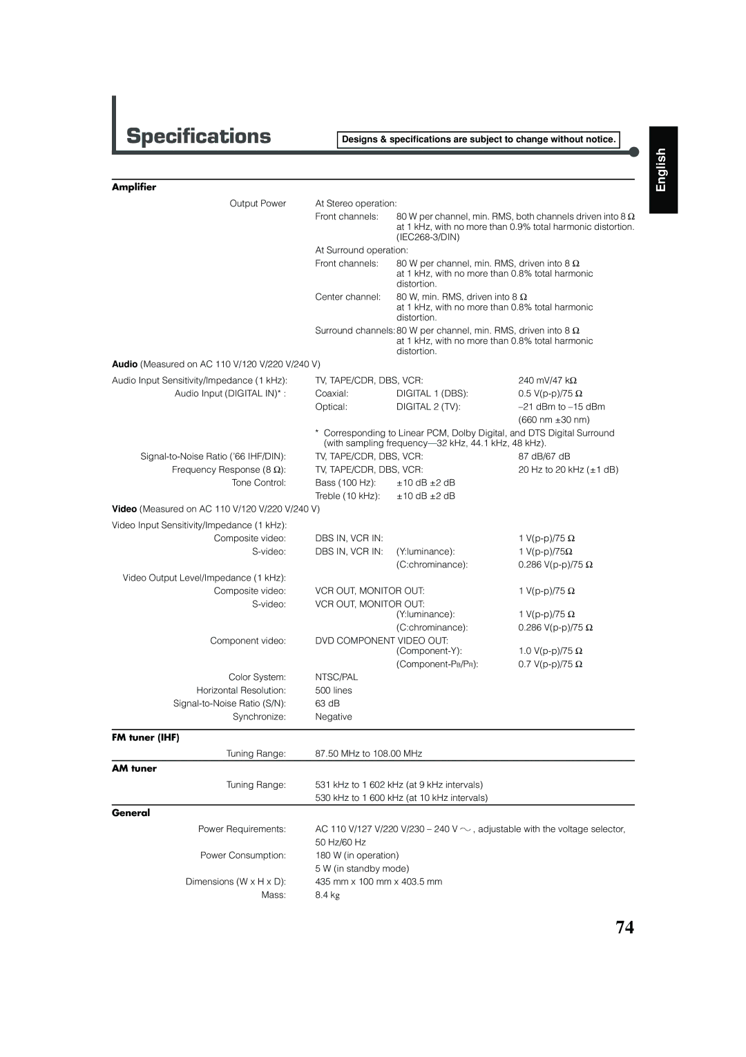 JVC RX-DV31 manual Specifications, FM tuner IHF, AM tuner, General 