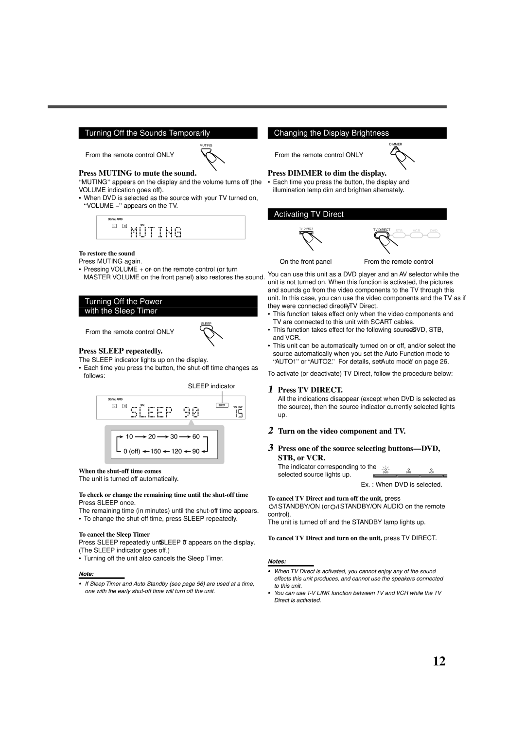 JVC RX-DV3RSL manual Turning Off the Sounds Temporarily, Turning Off the Power with the Sleep Timer, Activating TV Direct 