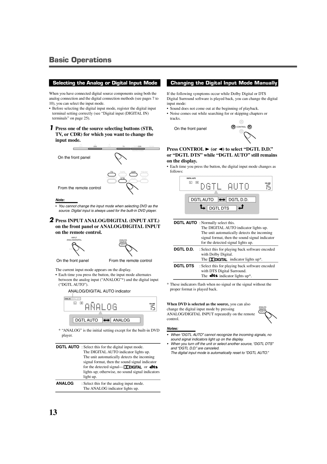 JVC RX-DV3RSL manual Basic Operations, Input mode, On the remote control, When DVD is selected as the source, you can also 