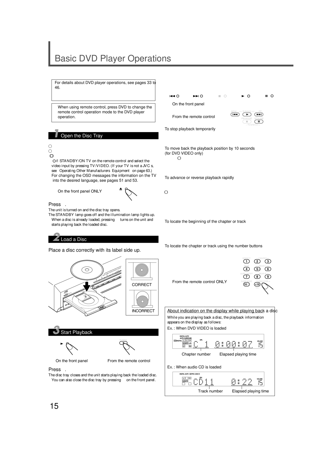 JVC RX-DV3RSL manual Basic DVD Player Operations, Open the Disc Tray, Load a Disc, Start Playback 