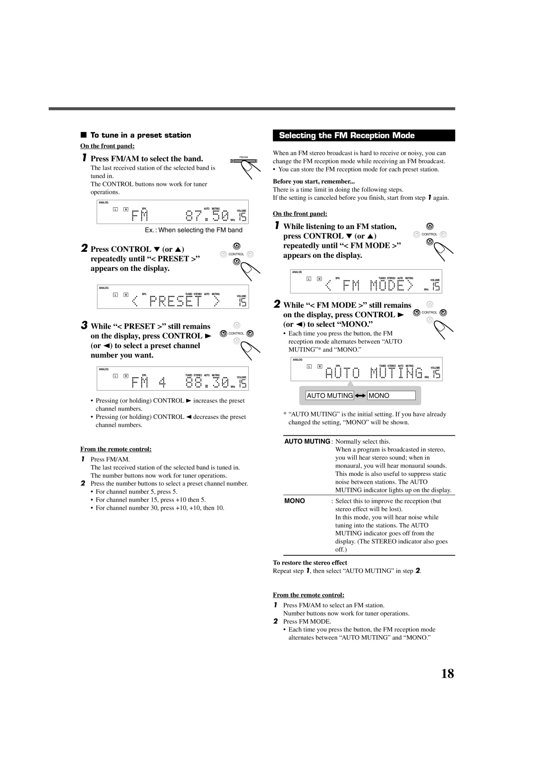 JVC RX-DV3RSL manual Selecting the FM Reception Mode 