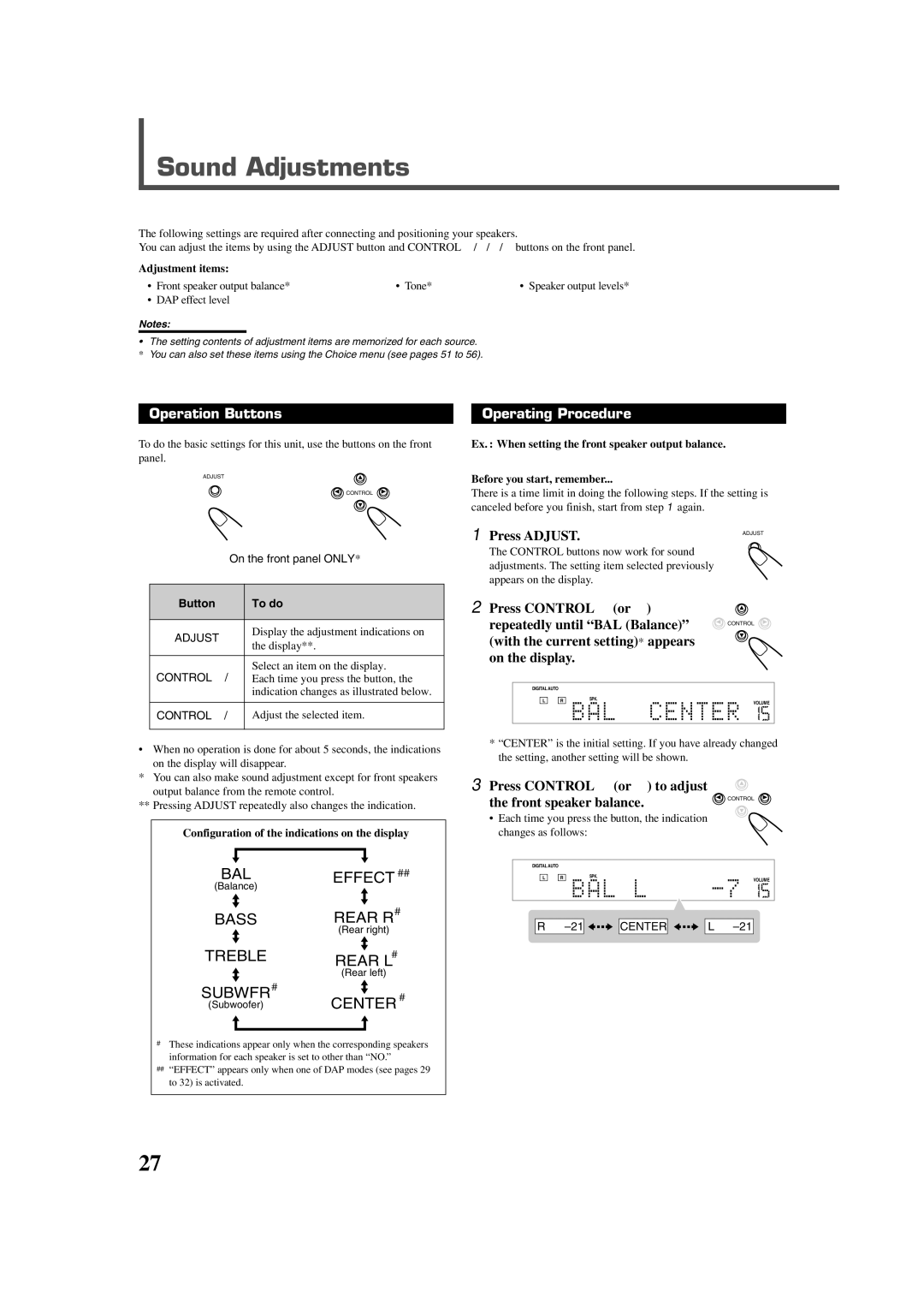 JVC RX-DV3RSL manual Sound Adjustments, Press Adjust, Press Control ∞ or Repeatedly until BAL Balance, Adjustment items 