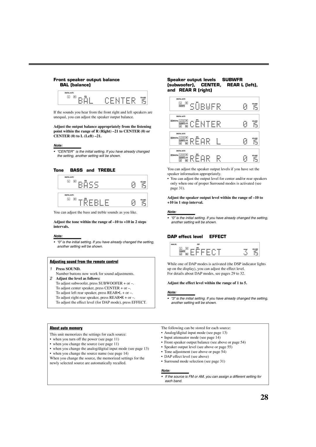 JVC RX-DV3RSL Front speaker output balance -BAL balance, Tone-BASS and Treble, DAP effect level-EFFECT, About auto memory 