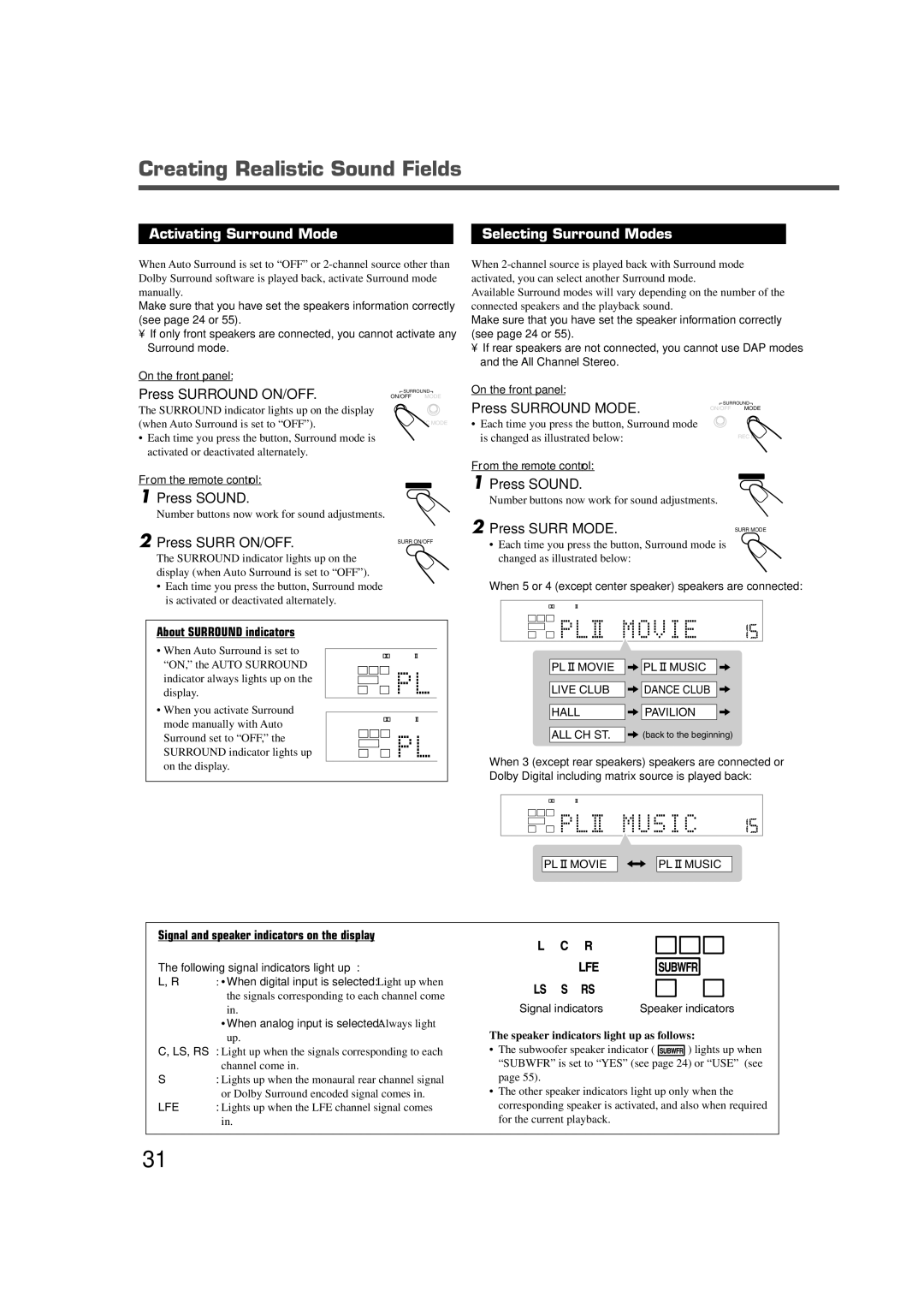 JVC RX-DV3RSL manual Creating Realistic Sound Fields, Activating Surround Mode, Selecting Surround Modes 