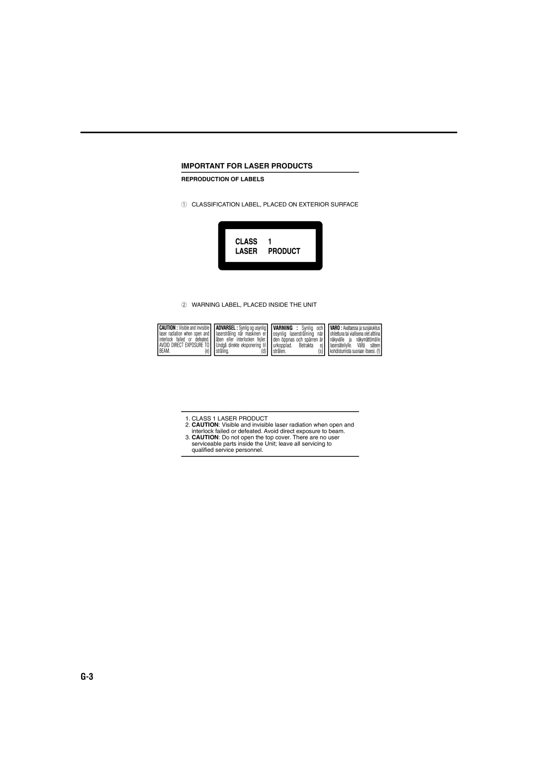 JVC RX-DV3RSL manual Important for Laser Products 