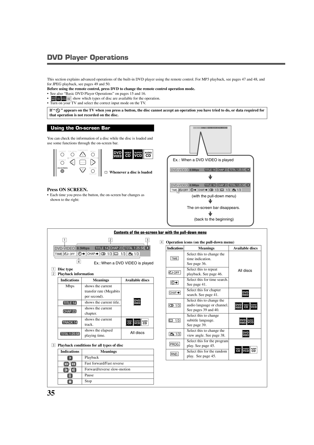 JVC RX-DV3RSL manual DVD Player Operations, Using the On-screen Bar, Press on Screen 