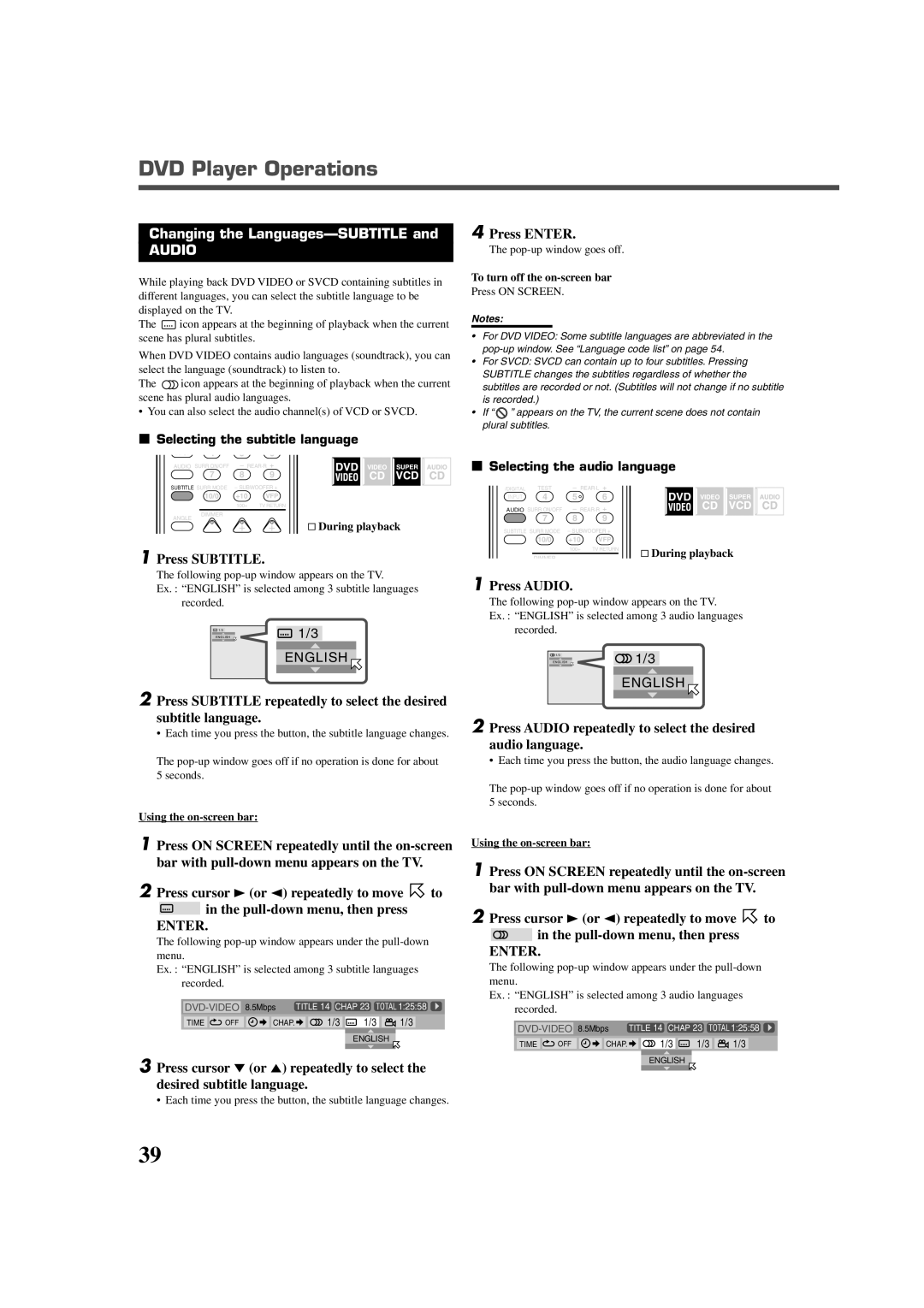 JVC RX-DV3RSL manual Changing the Languages-SUBTITLE, Press Subtitle, Press Audio 