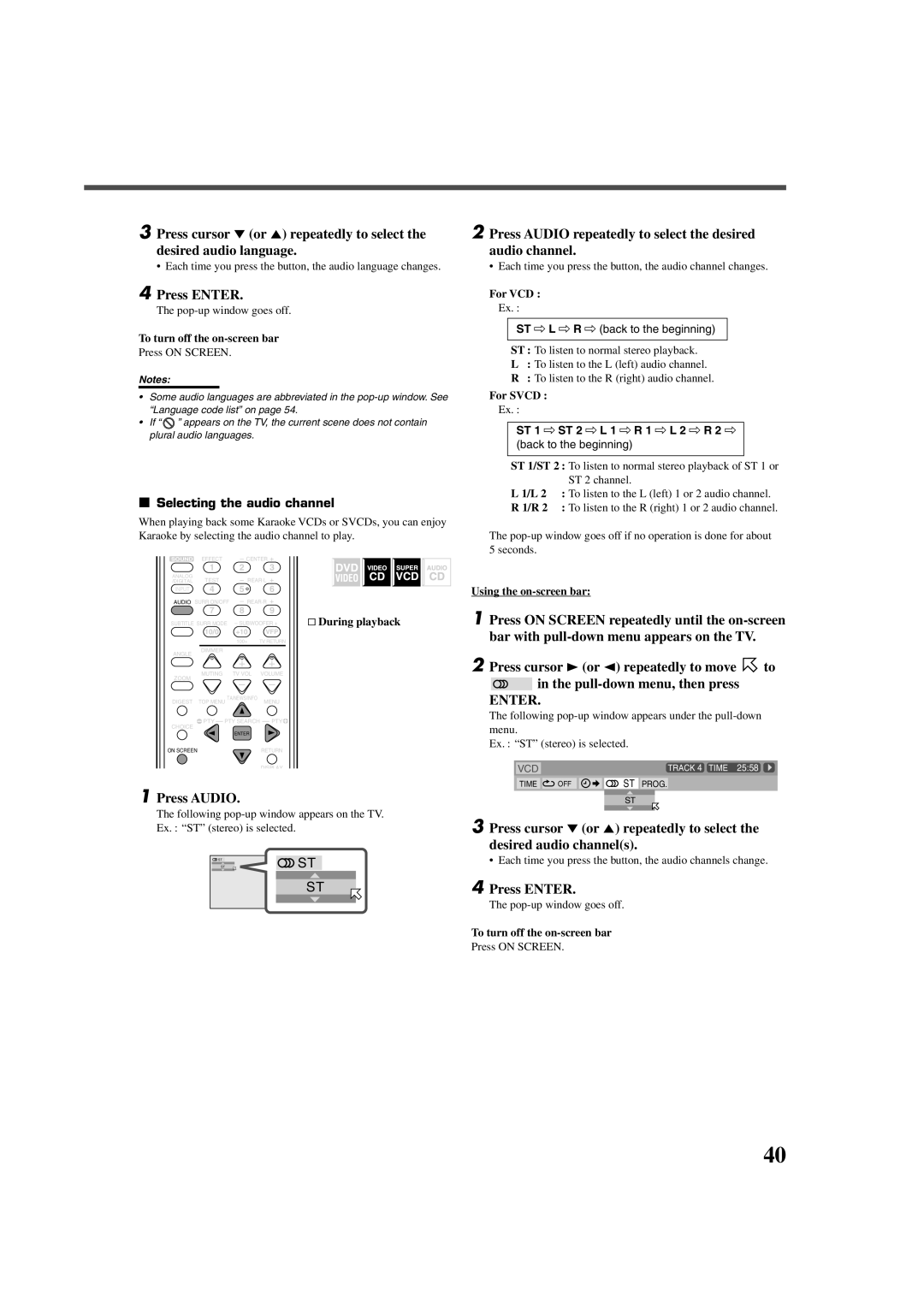 JVC RX-DV3RSL Press Audio repeatedly to select the desired audio channel, Selecting the audio channel, For VCD, For Svcd 