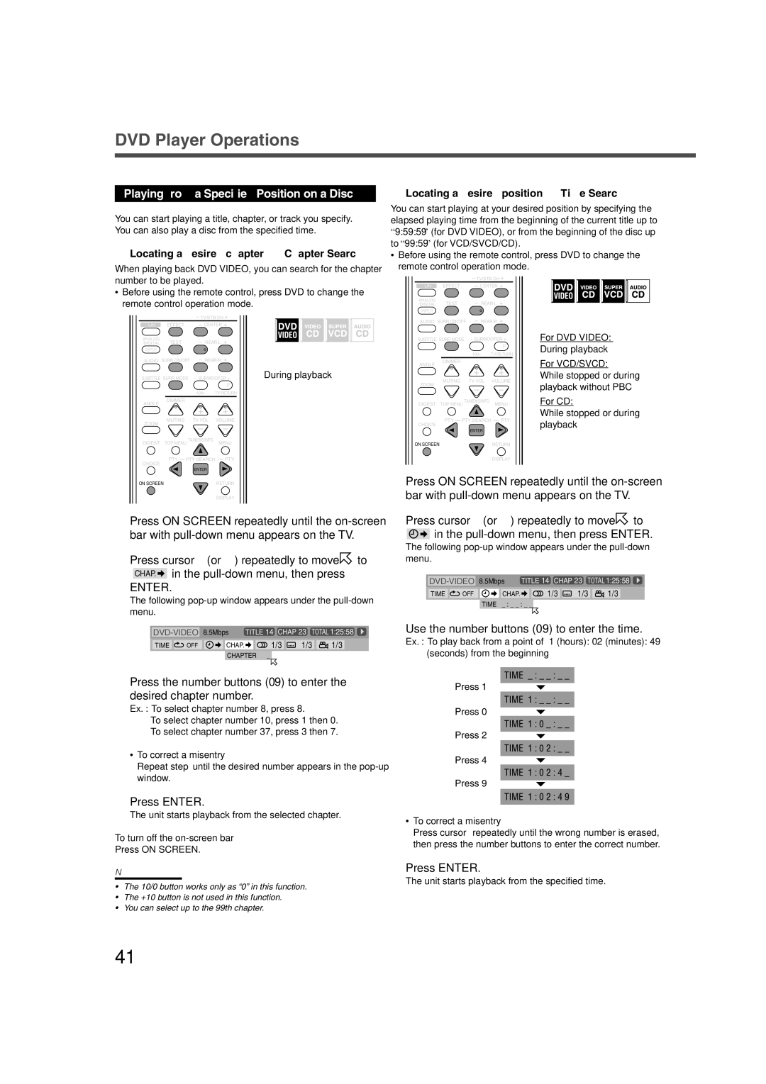 JVC RX-DV3RSL manual Playing from a Specified Position on a Disc, Use the number buttons 0-9 to enter the time 