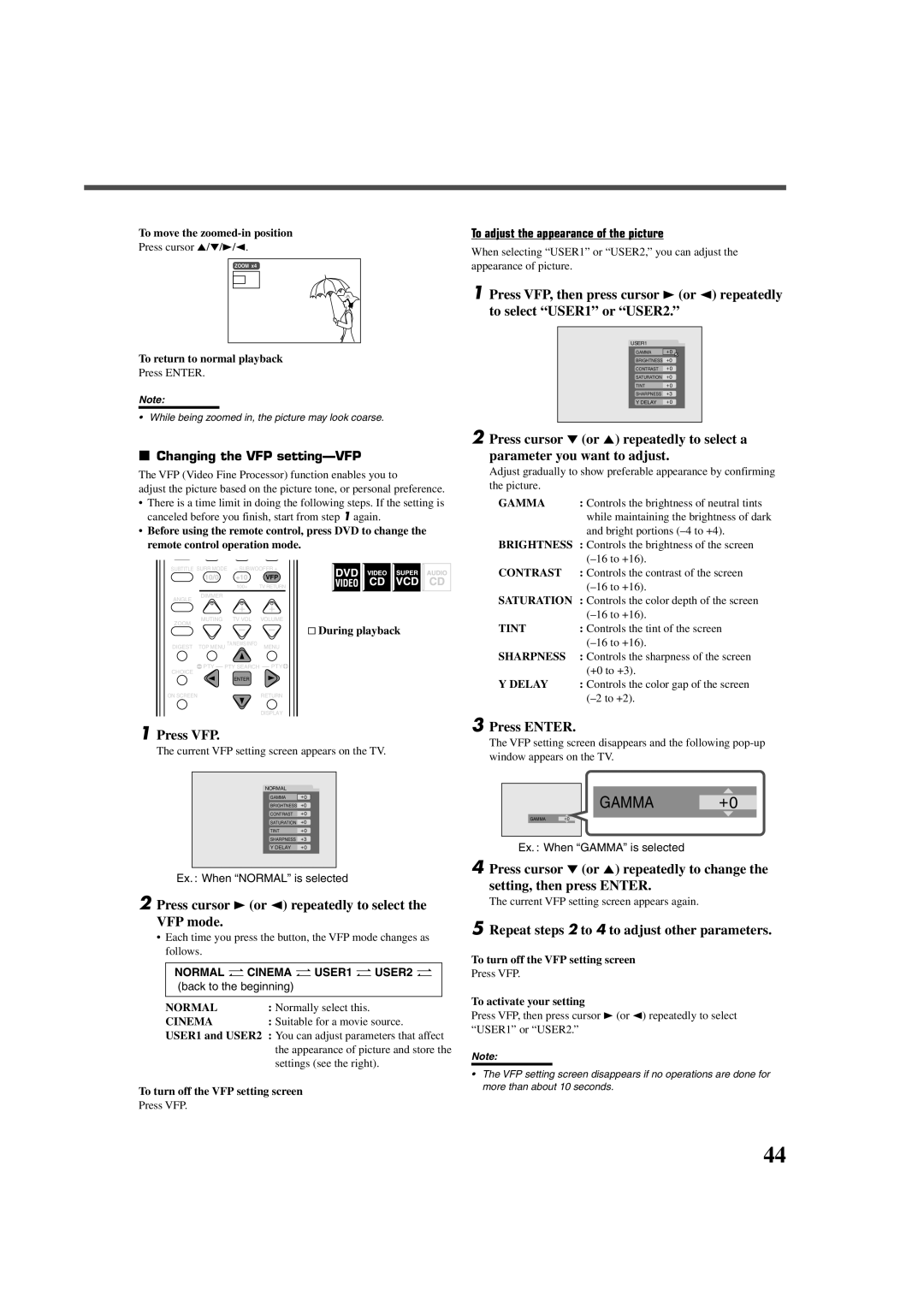 JVC RX-DV3RSL Press VFP, Press cursor 3 or 2 repeatedly to select VFP mode, Repeat steps 2 to 4 to adjust other parameters 