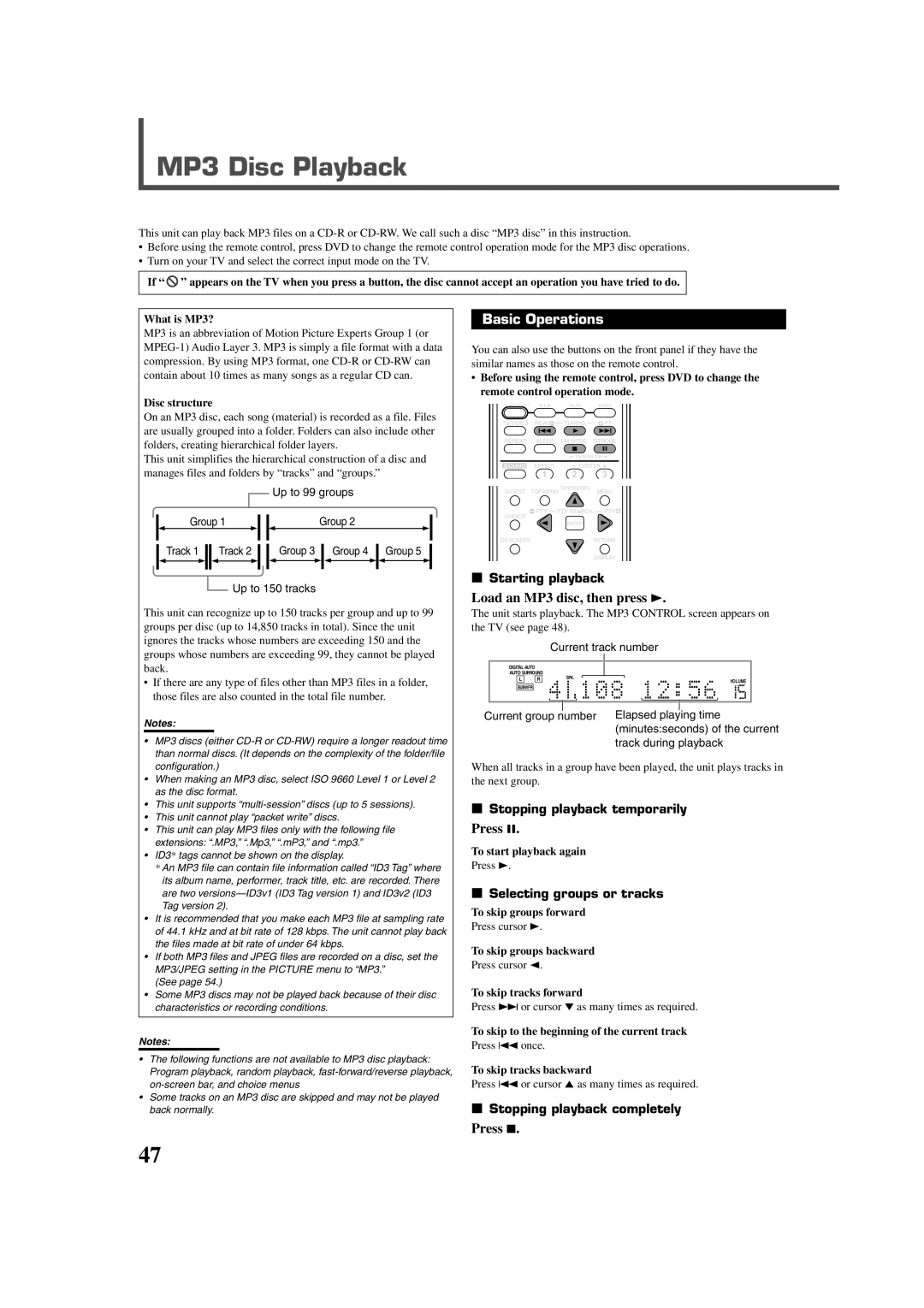 JVC RX-DV3RSL manual MP3 Disc Playback, Basic Operations, Load an MP3 disc, then press 