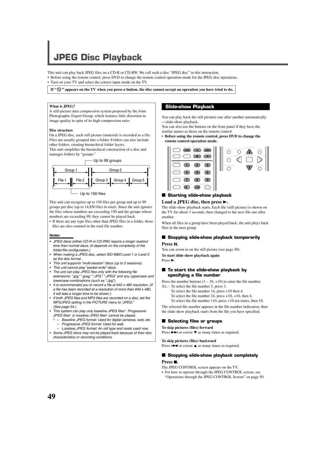 JVC RX-DV3RSL manual Jpeg Disc Playback, Slide-show Playback, Load a Jpeg disc, then press 