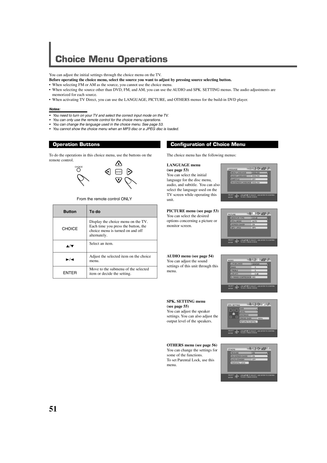 JVC RX-DV3RSL manual Choice Menu Operations, Operation Buttons Configuration of Choice Menu 