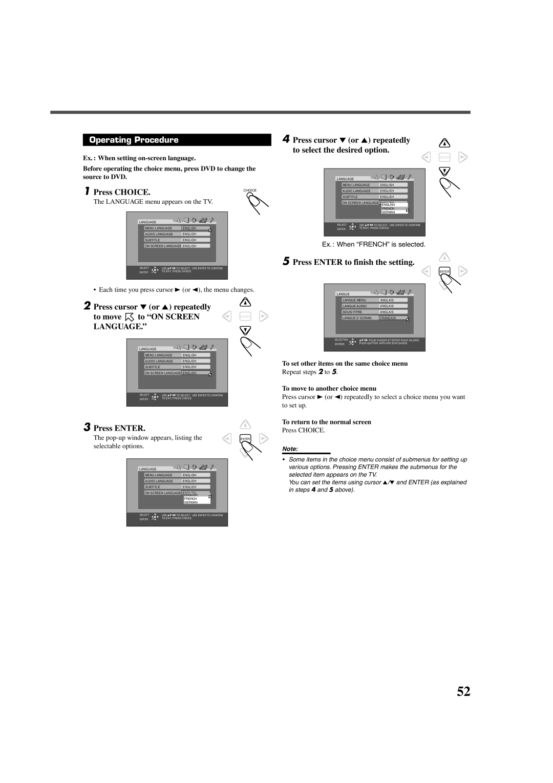 JVC RX-DV3RSL manual Press Choice, Press cursor ∞ or 5 repeatedly To move to on Screen, Press Enter to finish the setting 