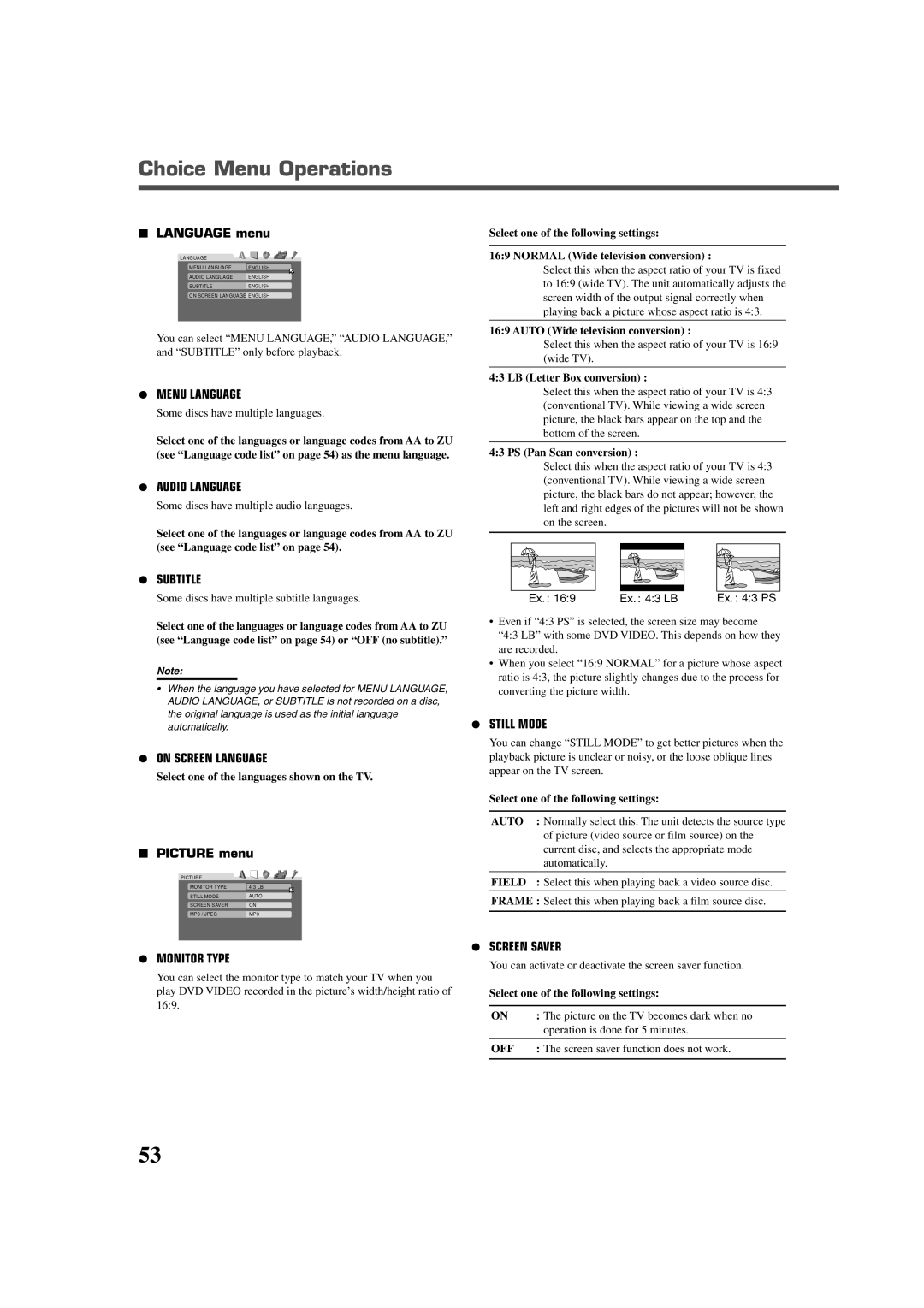 JVC RX-DV3RSL manual Choice Menu Operations, Language menu, Picture menu, Auto, Field 