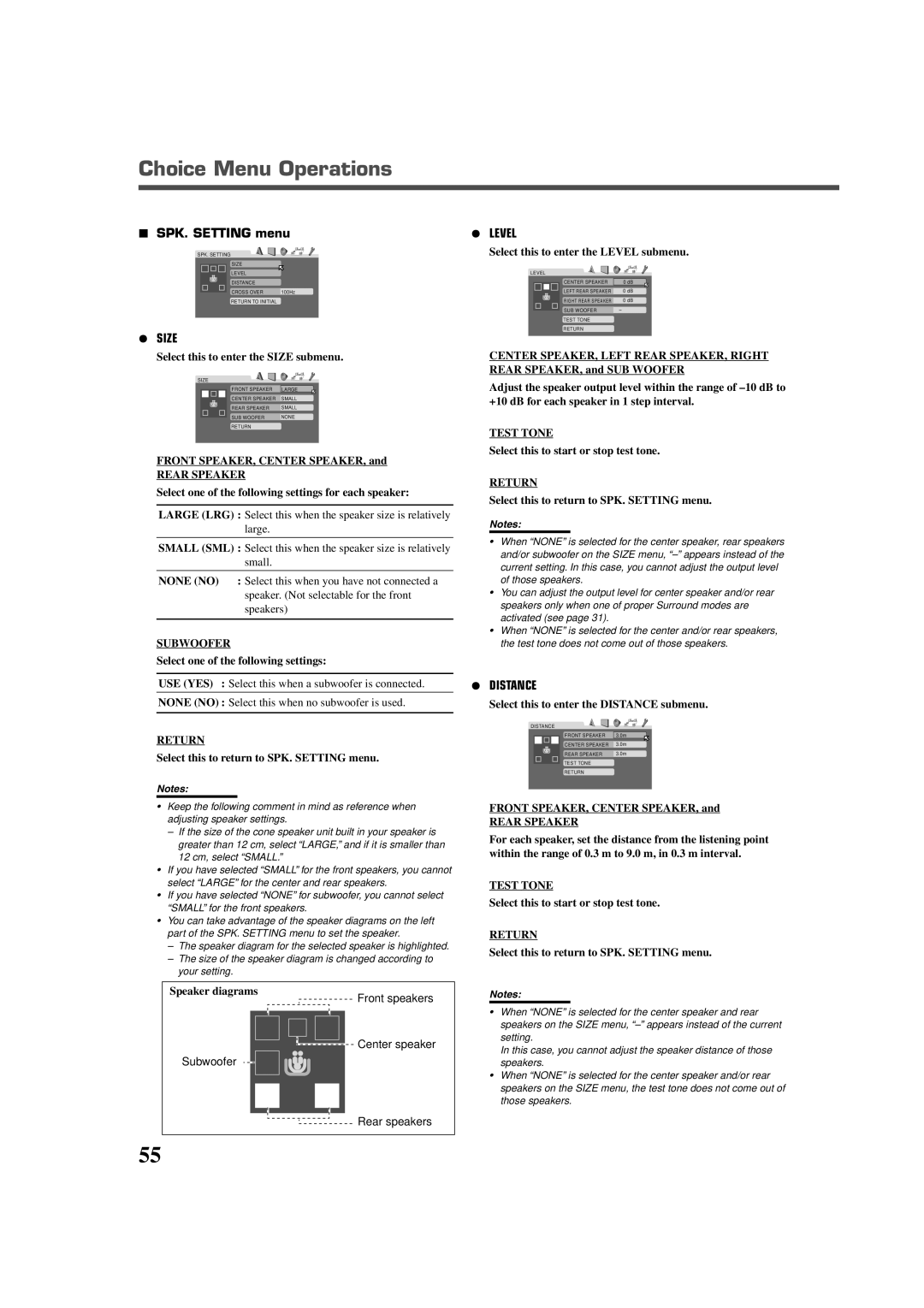 JVC RX-DV3RSL manual SPK. Setting menu, Rear Speaker, Subwoofer, Return, Test Tone 