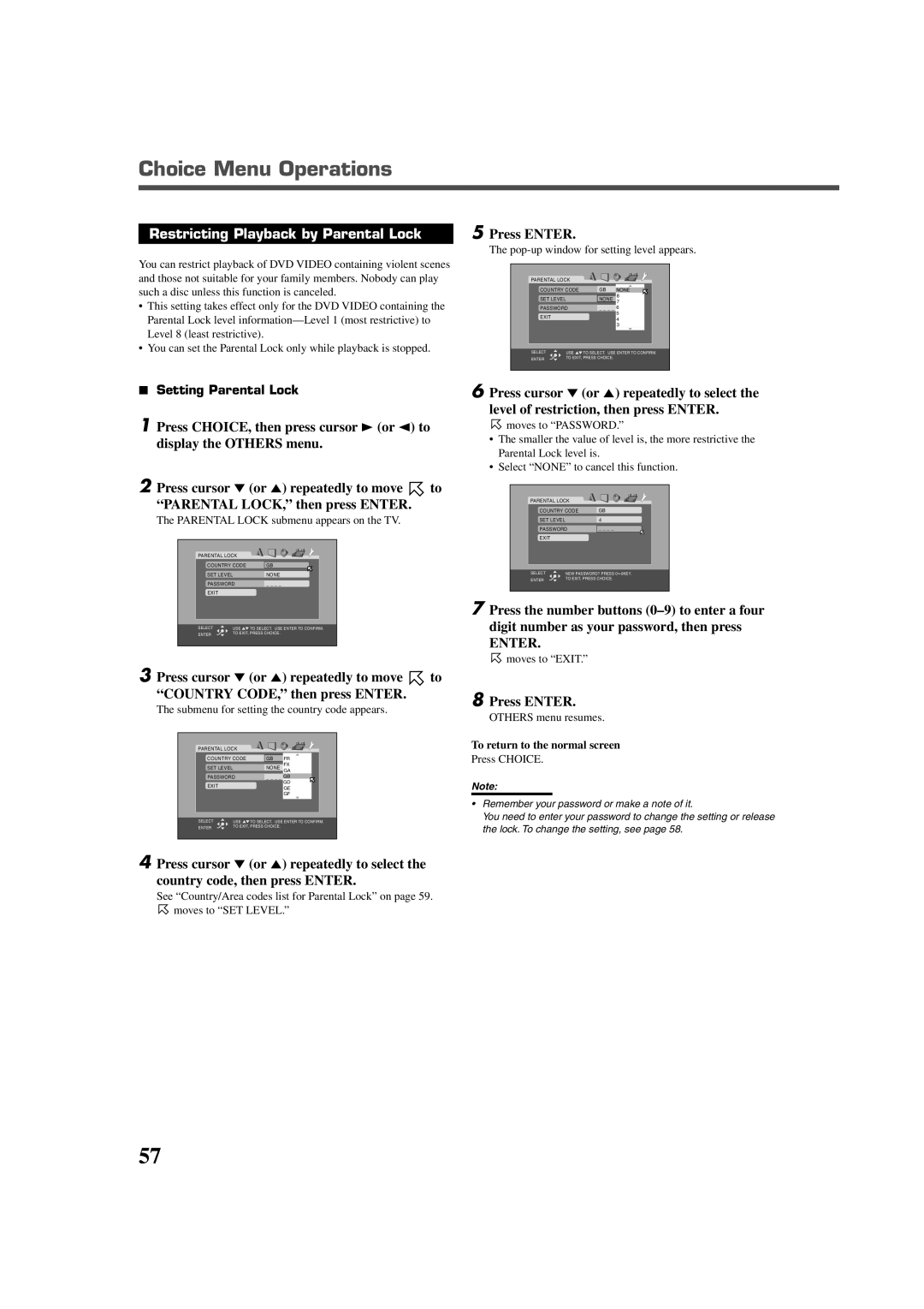 JVC RX-DV3RSL manual Restricting Playback by Parental Lock, Setting Parental Lock 