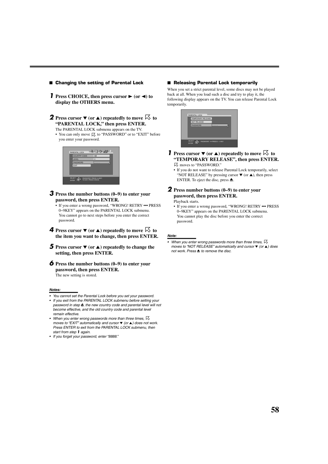 JVC RX-DV3RSL manual Changing the setting of Parental Lock, Releasing Parental Lock temporarily, New setting is stored 