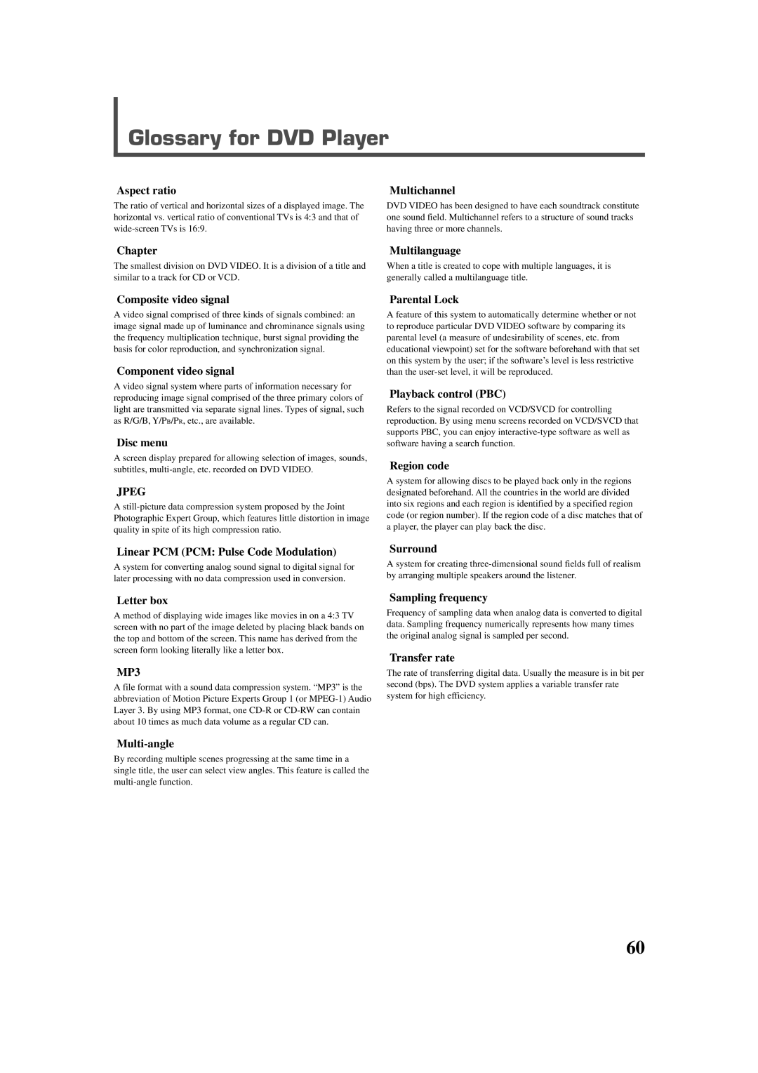 JVC RX-DV3RSL manual Glossary for DVD Player 