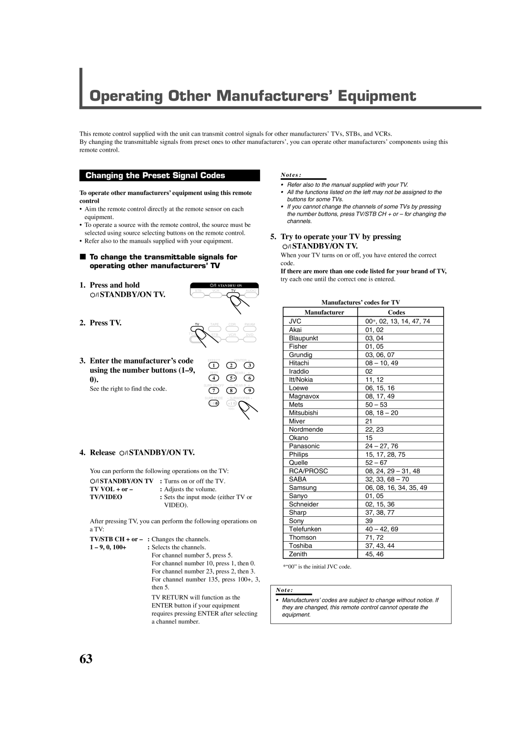 JVC RX-DV3RSL manual Operating Other Manufacturers’ Equipment, Changing the Preset Signal Codes, Release STANDBY/ON TV 