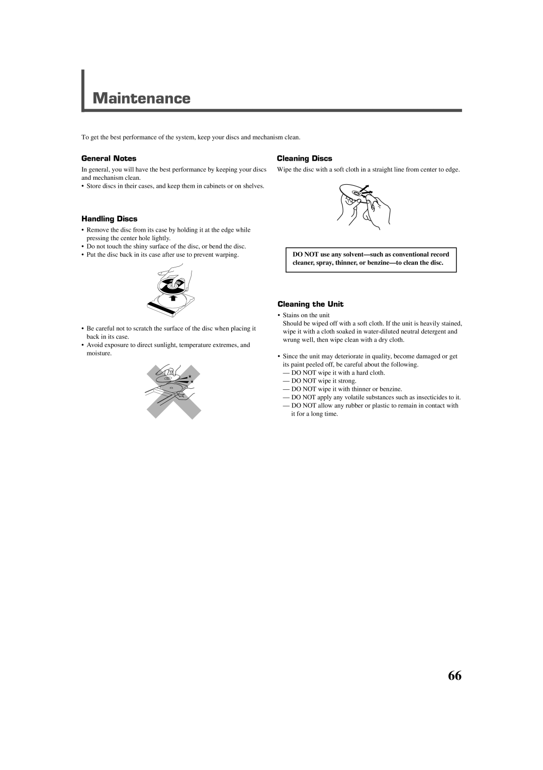 JVC RX-DV3RSL manual Maintenance, General Notes, Handling Discs, Cleaning Discs, Cleaning the Unit 