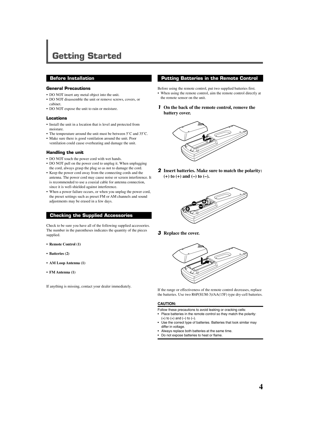 JVC RX-DV3RSL manual Getting Started, Before Installation Putting Batteries in the Remote Control 