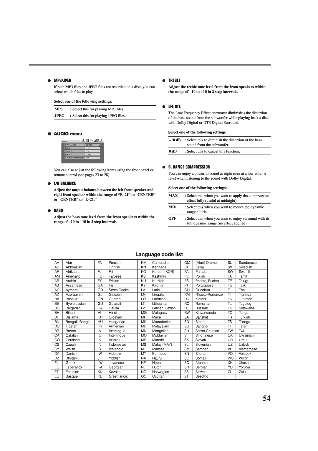 JVC RX-DV3RSL Language code list, ¶MP3/JPEG, 7AUDIO menu, ¶L/R Balance, ¶Bass, ¶Treble, ¶Lfe Att, ¶D. Range Compression 