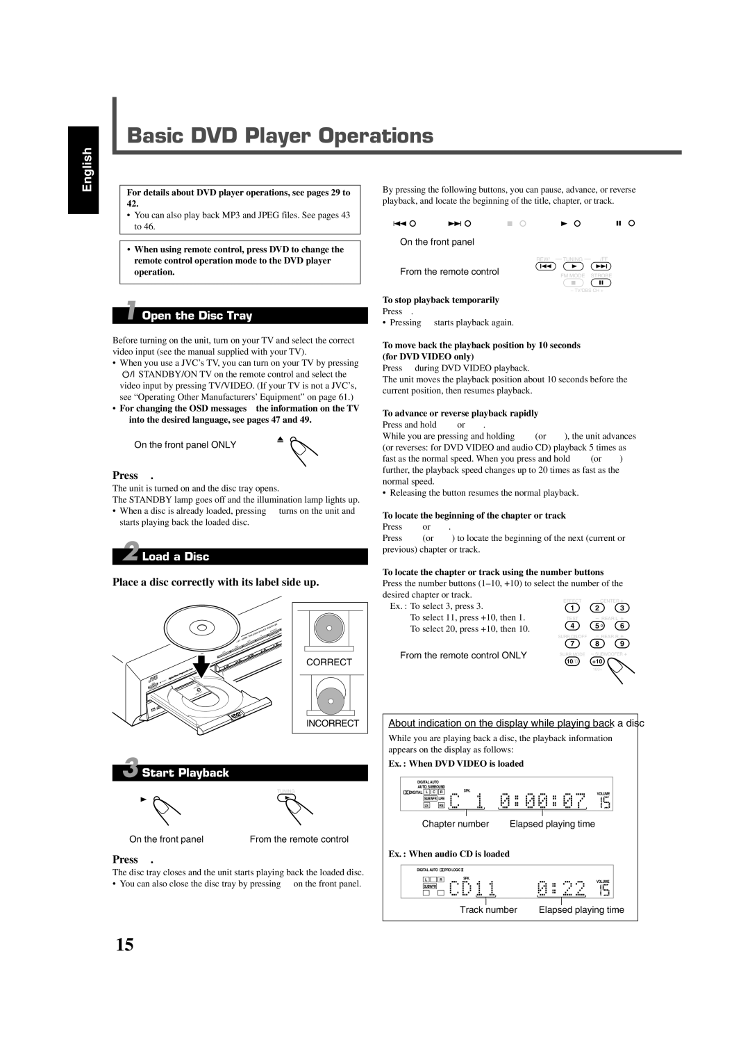 JVC RX-DV3SL manual Basic DVD Player Operations, Open the Disc Tray, Load a Disc, Start Playback 