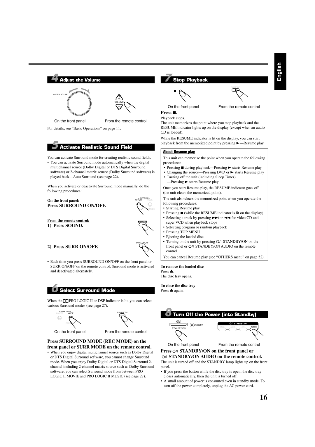 JVC RX-DV3SL manual Activate Realistic Sound Field, Select Surround Mode Stop Playback, Turn Off the Power into Standby 