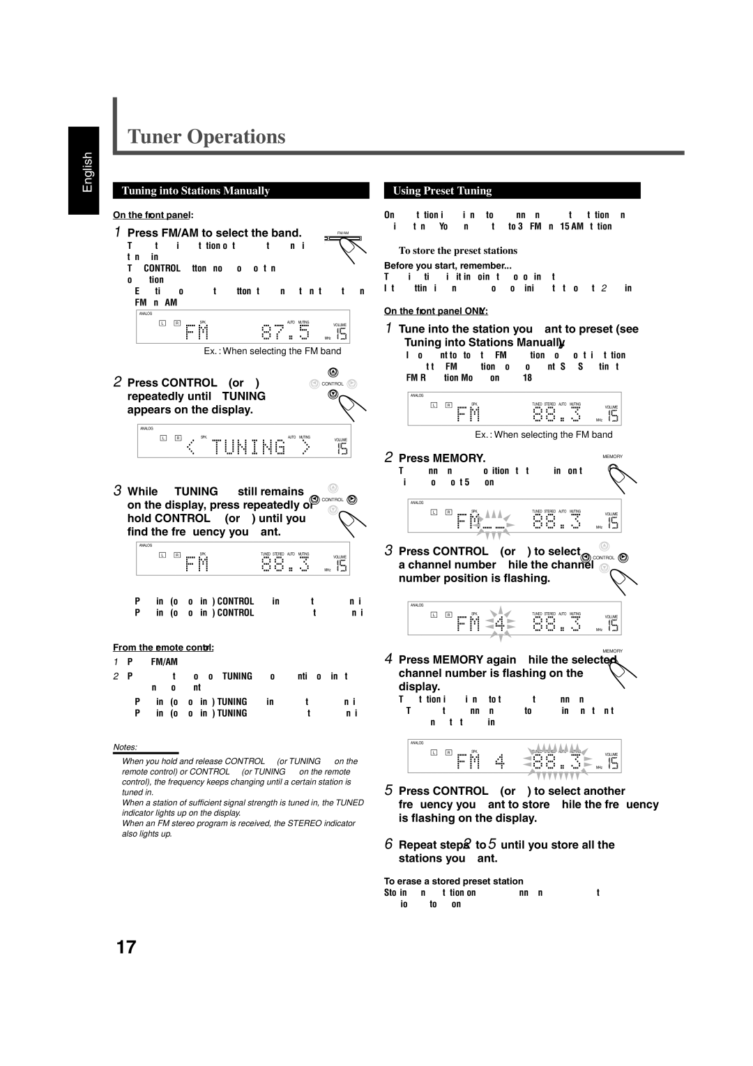 JVC RX-DV3SL manual Tuner Operations, Tuning into Stations Manually Using Preset Tuning 