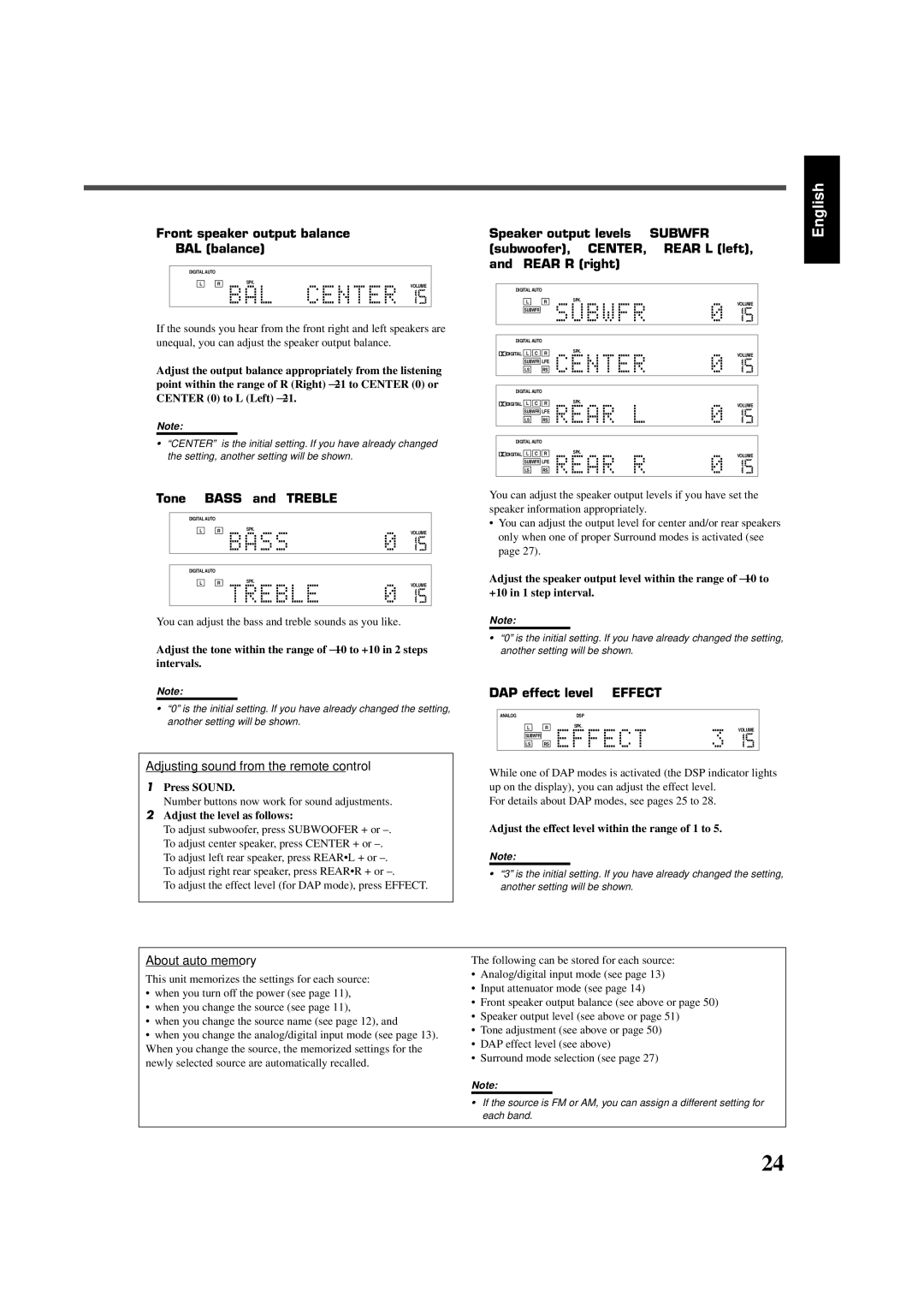 JVC RX-DV3SL Front speaker output balance -BAL balance, Tone-BASS and Treble, DAP effect level-EFFECT, About auto memory 