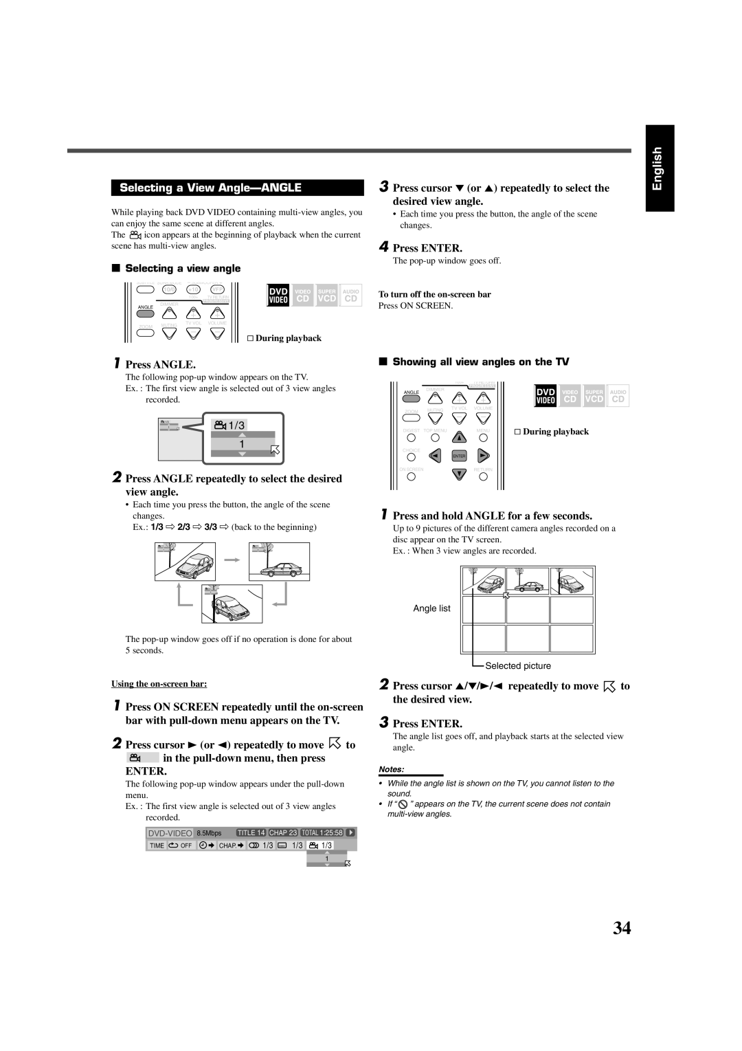 JVC RX-DV3SL manual Selecting a View Angle-ANGLE, Press Angle repeatedly to select the desired view angle 