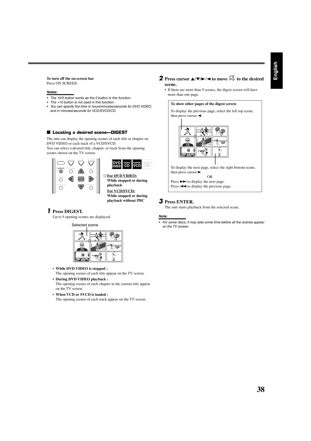 JVC RX-DV3SL manual Press Digest, Press cursor 5/∞/3/2 to move to the desired scene, Locating a desired scene-DIGEST 