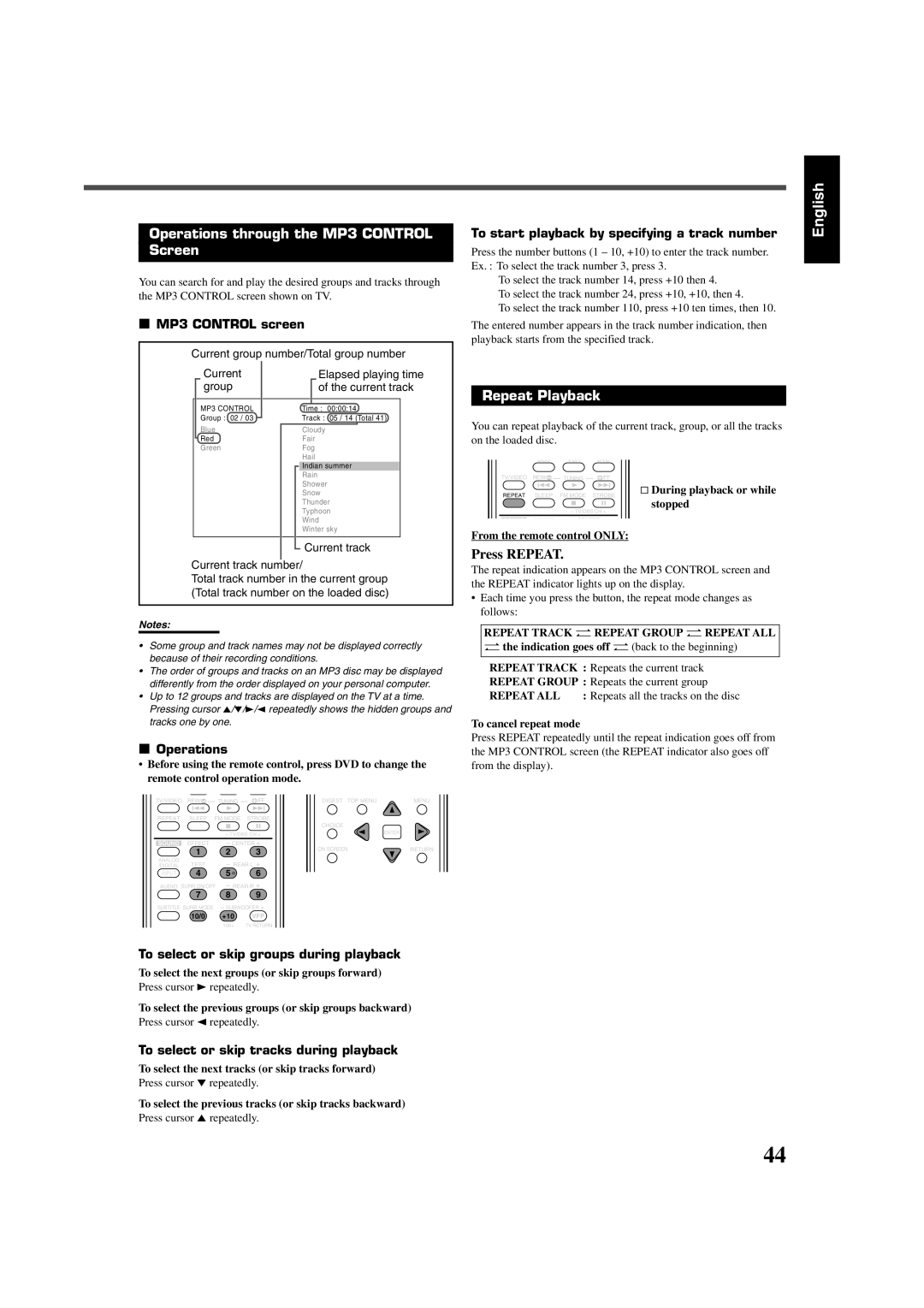 JVC RX-DV3SL manual Operations through the MP3 Control Screen, Press Repeat 