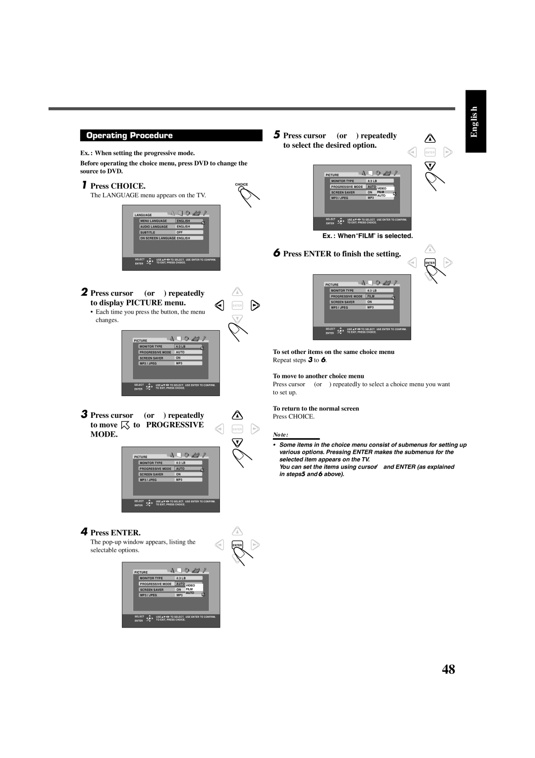 JVC RX-DV3SL manual Press Choice, Press cursor 3 or 2 repeatedly To display Picture menu, Press Enter to finish the setting 