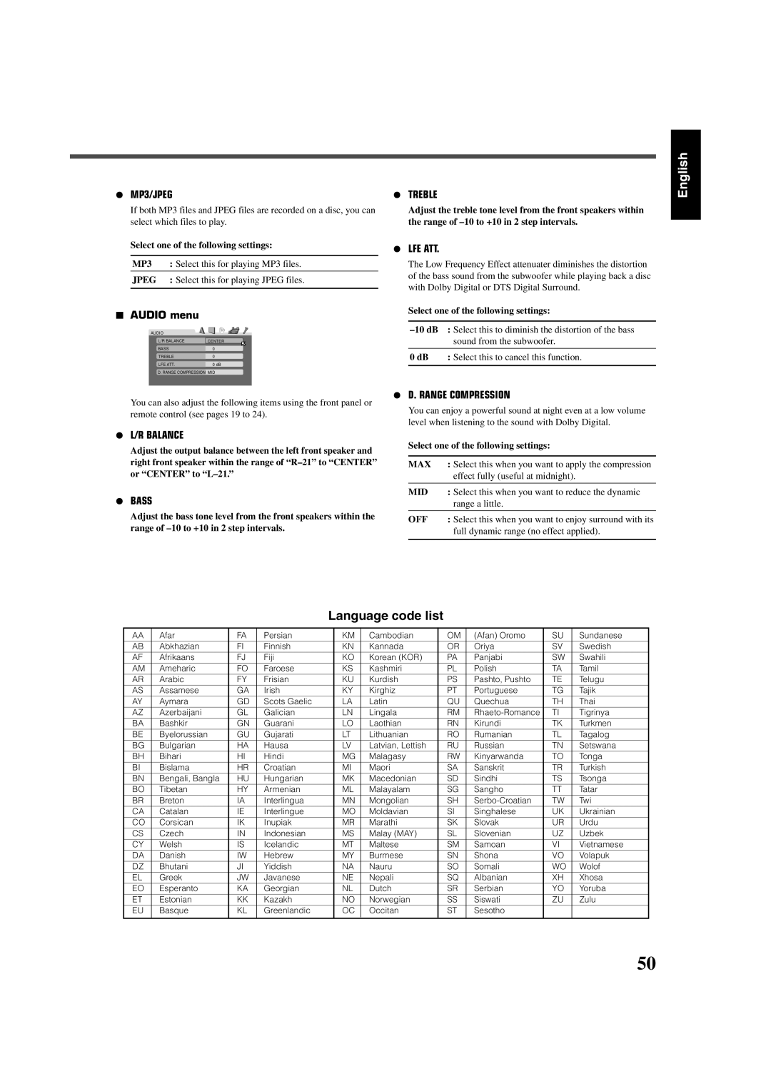 JVC RX-DV3SL manual Audio menu, MP3, Jpeg, Max, Mid 