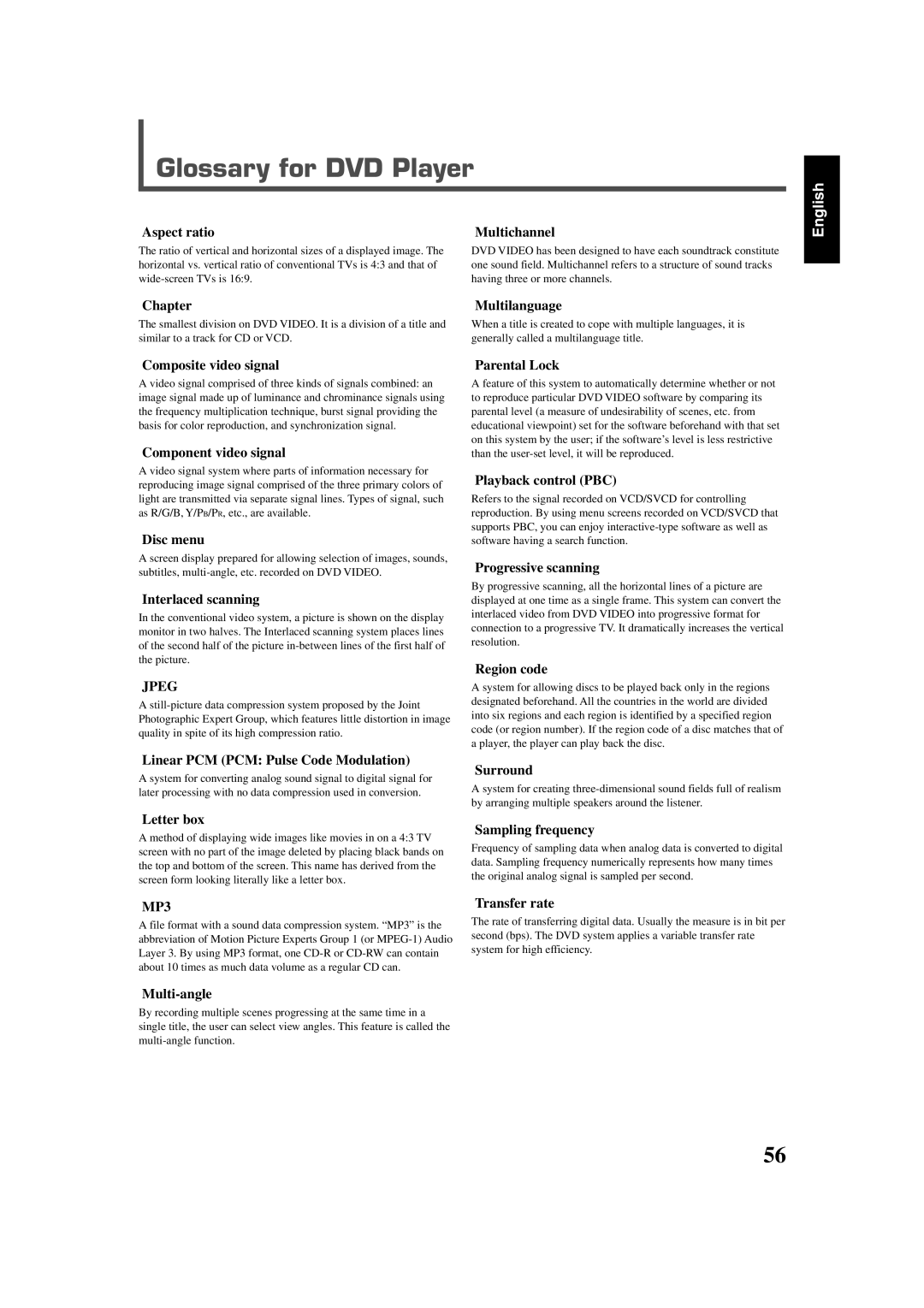 JVC RX-DV3SL manual Glossary for DVD Player 