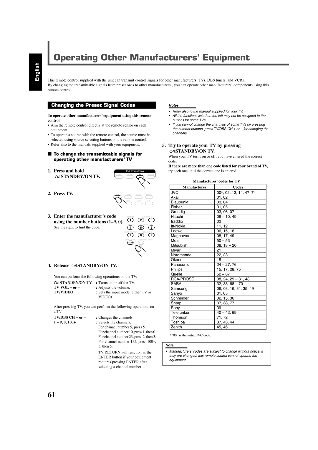 JVC RX-DV3SL manual Operating Other Manufacturers’ Equipment, Changing the Preset Signal Codes, Release STANDBY/ON TV 