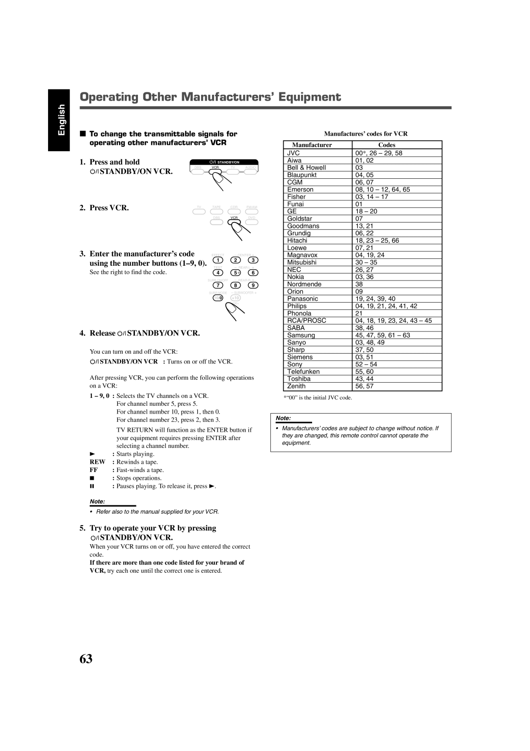 JVC RX-DV3SL manual Operating Other Manufacturers’ Equipment, Enter the manufacturer’s code, Release STANDBY/ON VCR 