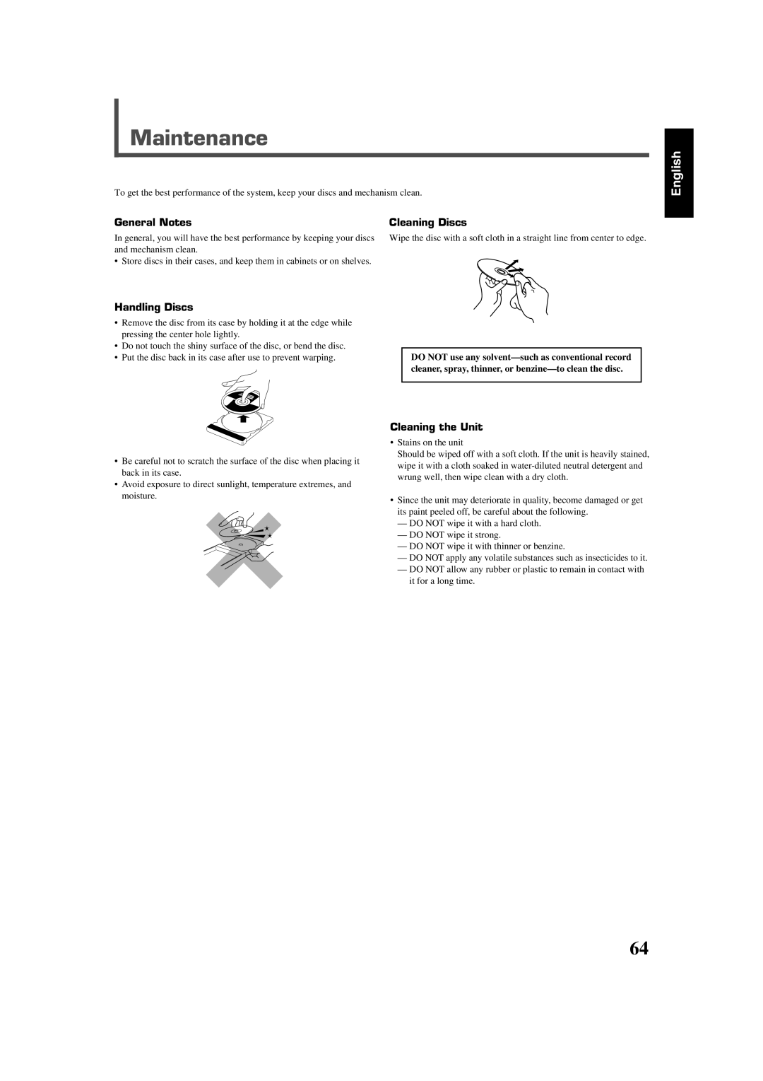 JVC RX-DV3SL manual Maintenance, General Notes, Handling Discs, Cleaning Discs, Cleaning the Unit 