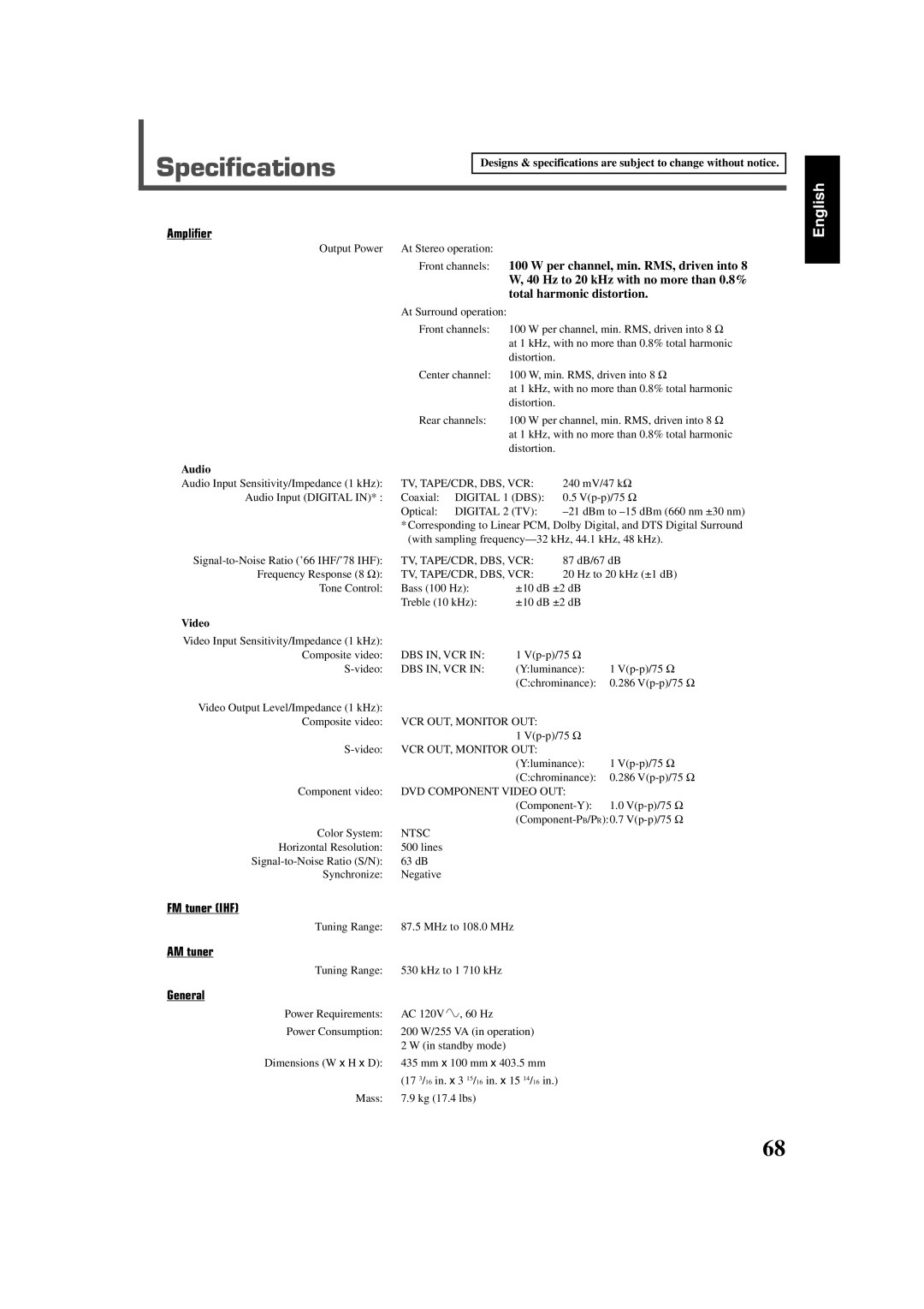 JVC RX-DV3SL manual Specifications, Amplifier, FM tuner IHF, AM tuner, General 