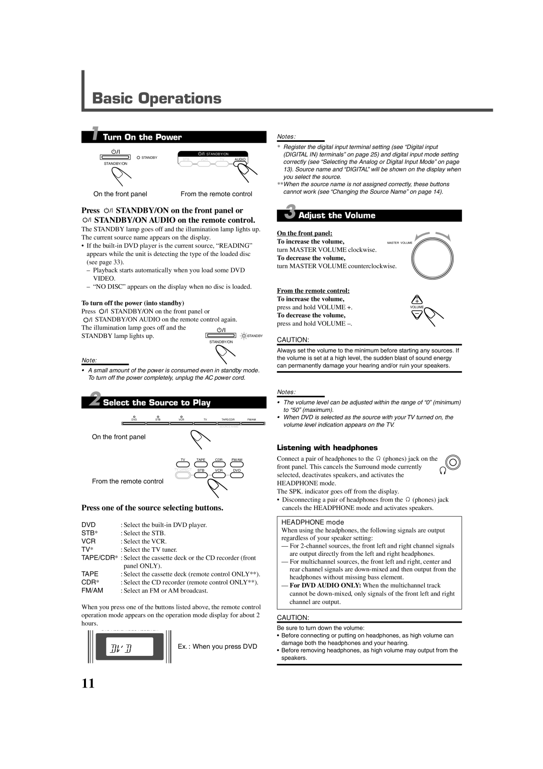 JVC RX-DV5RSL Basic Operations, Turn On the Power, Select the Source to Play, Press one of the source selecting buttons 